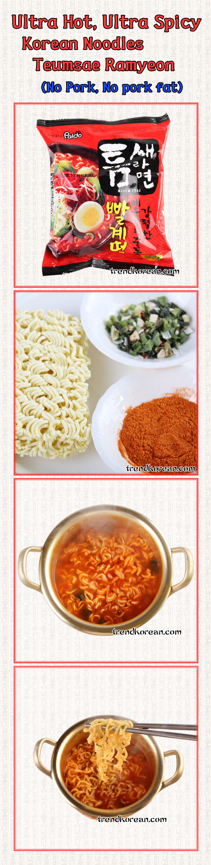 Teumsae Ramyeyon, 5PCS, Korean Noodle, Hot Spicy, Beef Flavor, No Pork or No Pork Fat(Oil).